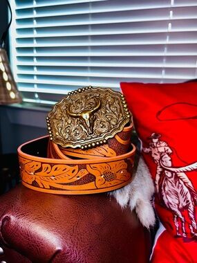 Leather Western Belt with Ornate Bull Buckle - Orange